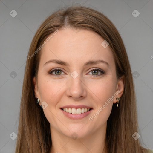 Joyful white young-adult female with long  brown hair and grey eyes