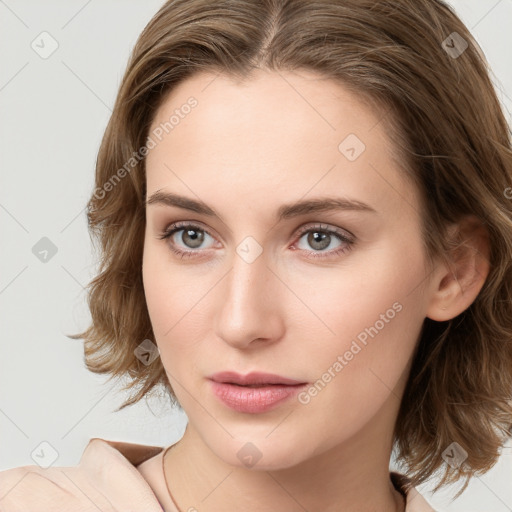 Neutral white young-adult female with medium  brown hair and blue eyes