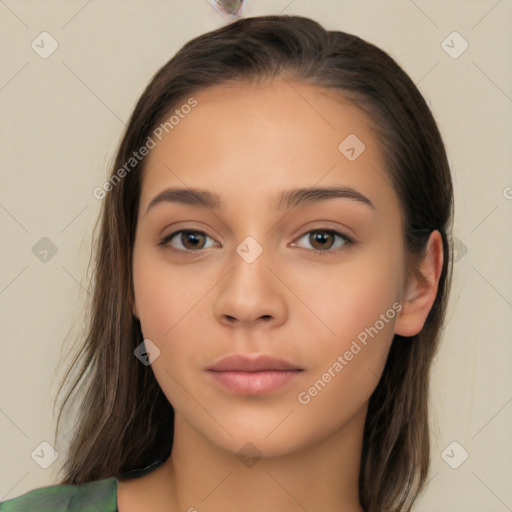 Neutral white young-adult female with long  brown hair and brown eyes