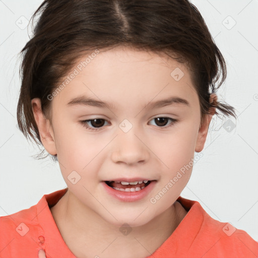 Joyful white child female with medium  brown hair and brown eyes