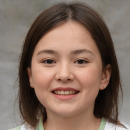 Joyful white child female with medium  brown hair and brown eyes