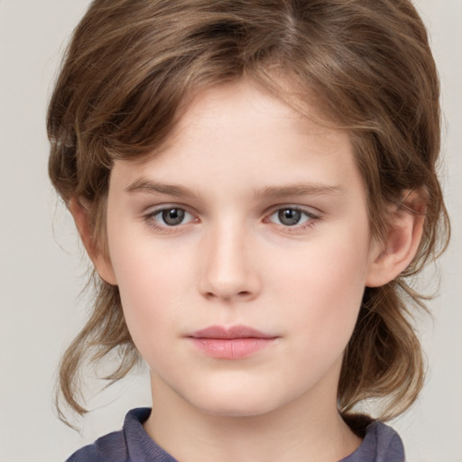 Neutral white child female with medium  brown hair and grey eyes