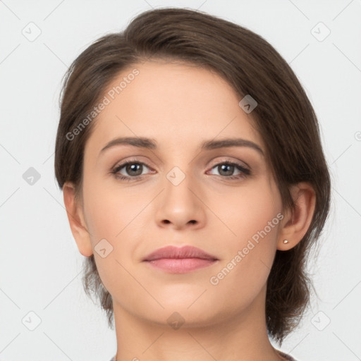 Neutral white young-adult female with medium  brown hair and brown eyes