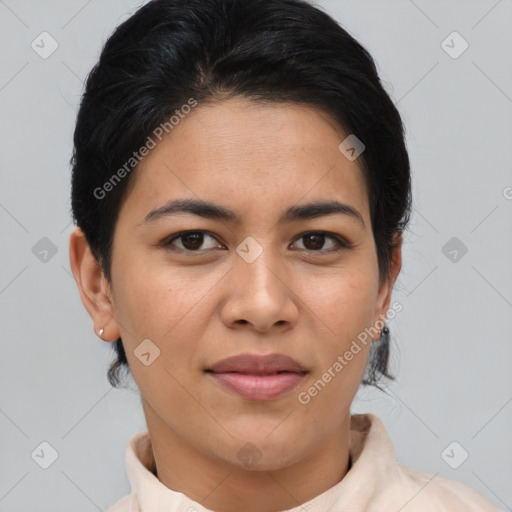 Joyful asian young-adult female with short  brown hair and brown eyes