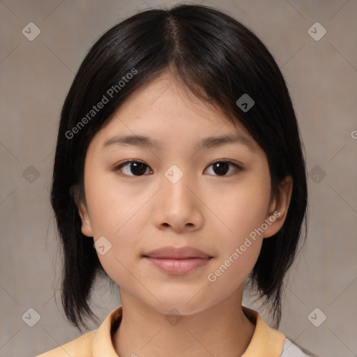 Neutral asian young-adult female with medium  black hair and brown eyes