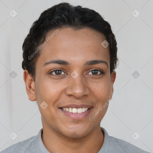 Joyful latino young-adult female with short  brown hair and brown eyes