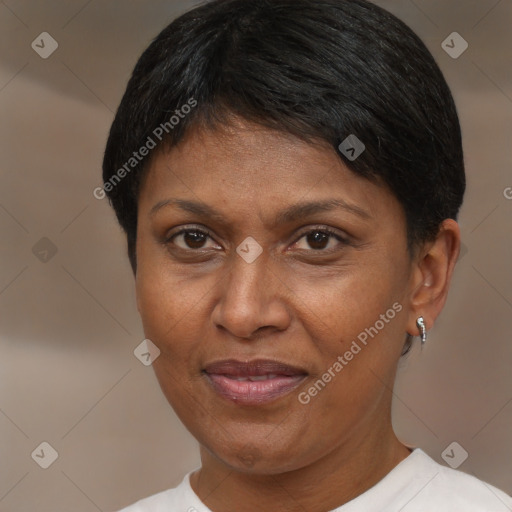 Joyful black adult female with short  brown hair and brown eyes