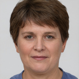 Joyful white adult female with short  brown hair and grey eyes