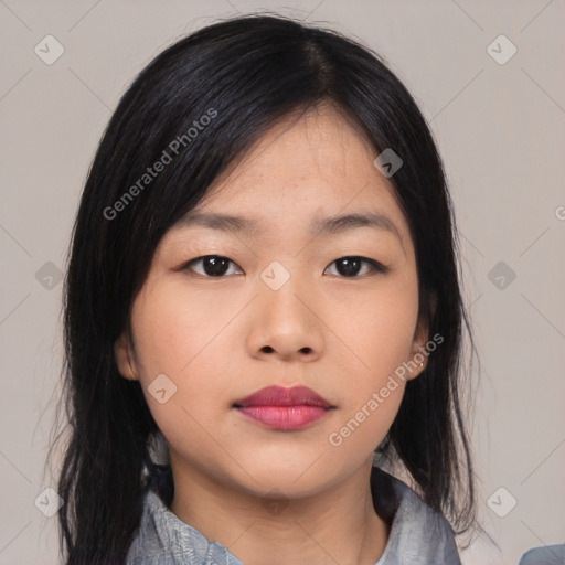 Neutral asian young-adult female with medium  black hair and brown eyes