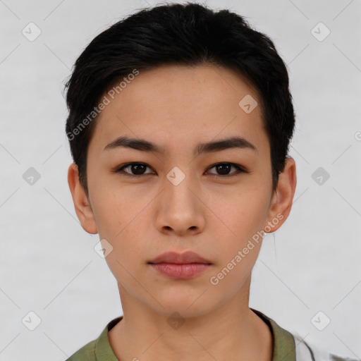 Neutral asian young-adult female with short  black hair and brown eyes