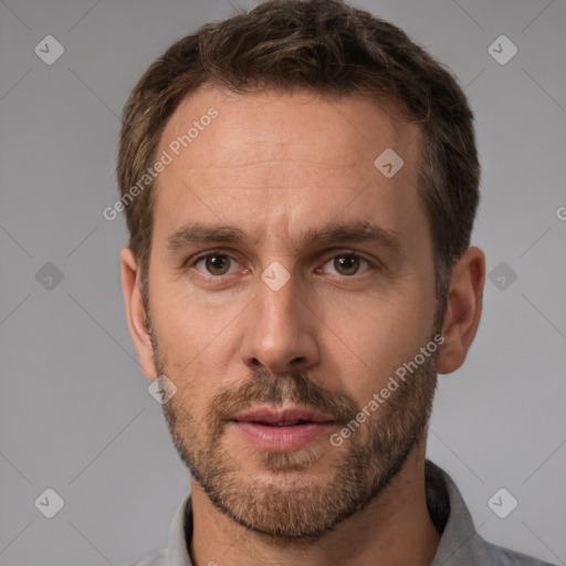 Neutral white adult male with short  brown hair and brown eyes