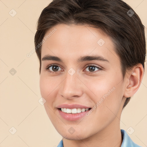 Joyful white young-adult female with short  brown hair and brown eyes