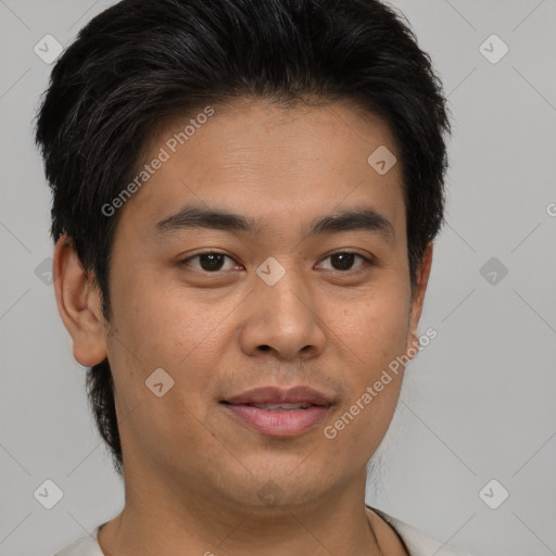 Joyful latino young-adult male with short  brown hair and brown eyes