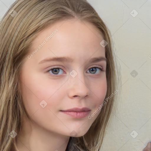 Neutral white young-adult female with long  brown hair and grey eyes