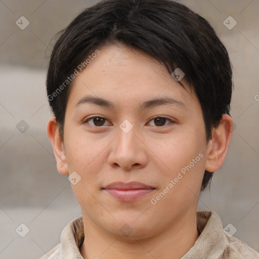 Joyful asian young-adult female with short  brown hair and brown eyes