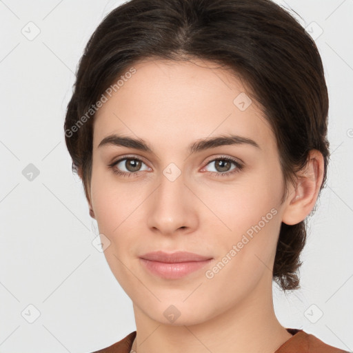 Neutral white young-adult female with medium  brown hair and brown eyes