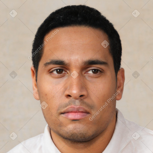 Neutral latino young-adult male with short  black hair and brown eyes