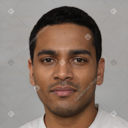 Neutral latino young-adult male with short  black hair and brown eyes