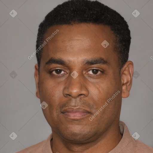 Neutral latino adult male with short  black hair and brown eyes