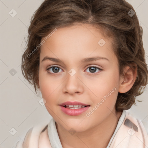 Joyful white child female with medium  brown hair and brown eyes