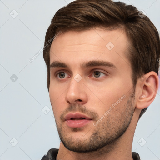 Neutral white young-adult male with short  brown hair and brown eyes