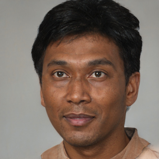 Neutral asian adult male with short  black hair and brown eyes