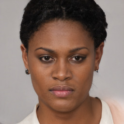 Neutral black young-adult female with short  brown hair and brown eyes