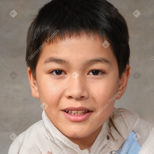 Joyful white child male with short  brown hair and brown eyes