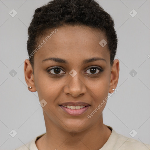 Joyful black young-adult female with short  brown hair and brown eyes