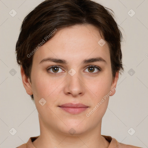 Neutral white young-adult female with short  brown hair and brown eyes