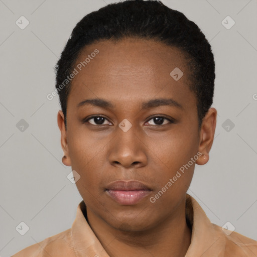 Neutral black young-adult female with short  black hair and brown eyes