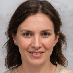 Joyful white adult female with medium  brown hair and brown eyes