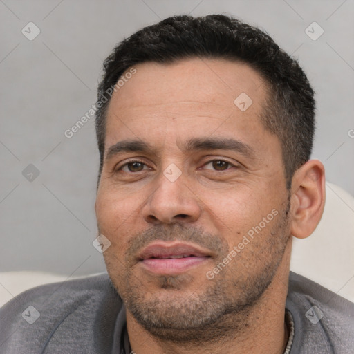 Neutral white adult male with short  black hair and brown eyes