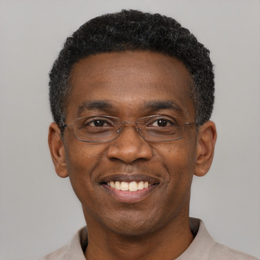 Joyful black adult male with short  black hair and brown eyes