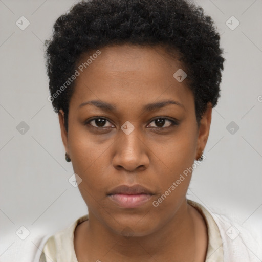 Neutral black young-adult female with short  black hair and brown eyes