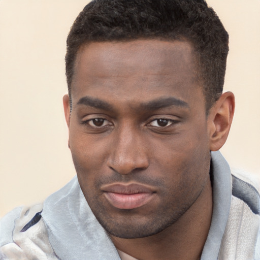 Joyful black young-adult male with short  brown hair and brown eyes