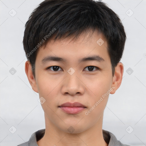 Neutral asian young-adult male with short  brown hair and brown eyes