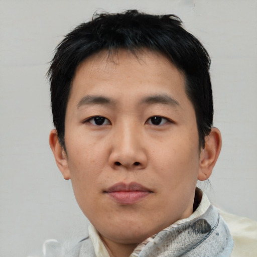 Neutral asian young-adult male with short  black hair and brown eyes