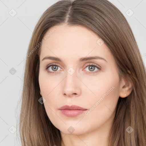 Neutral white young-adult female with long  brown hair and brown eyes