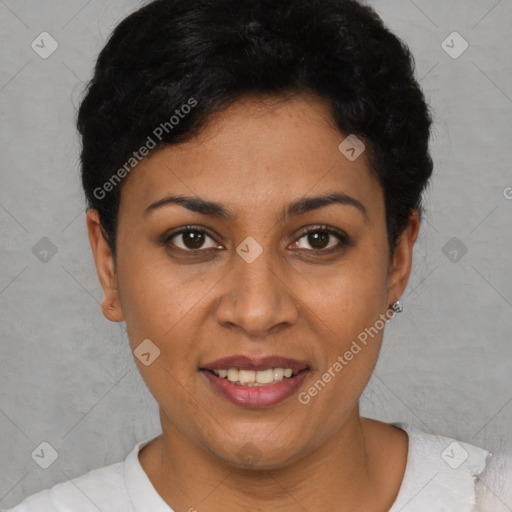 Joyful latino young-adult female with short  black hair and brown eyes