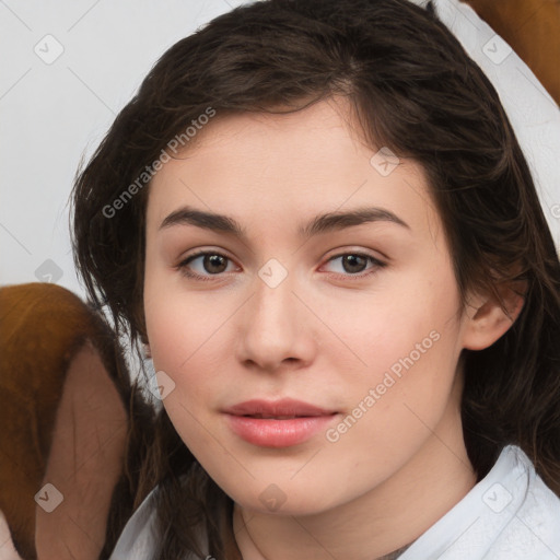 Neutral white young-adult female with medium  brown hair and brown eyes