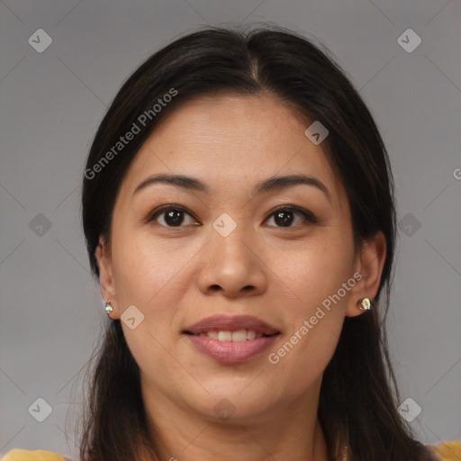 Joyful asian young-adult female with medium  brown hair and brown eyes