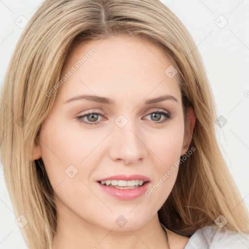 Joyful white young-adult female with long  brown hair and blue eyes