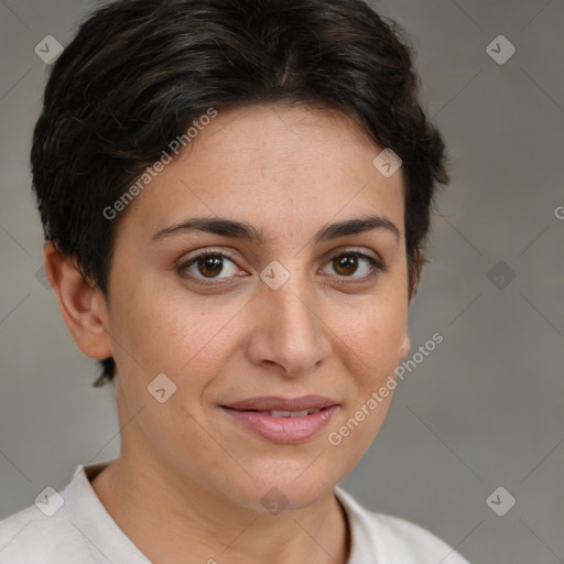 Joyful white young-adult female with short  brown hair and brown eyes