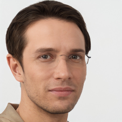 Neutral white young-adult male with short  brown hair and grey eyes
