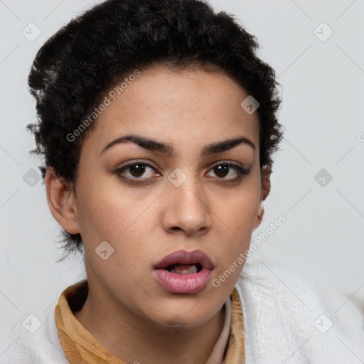 Neutral white young-adult female with short  brown hair and brown eyes