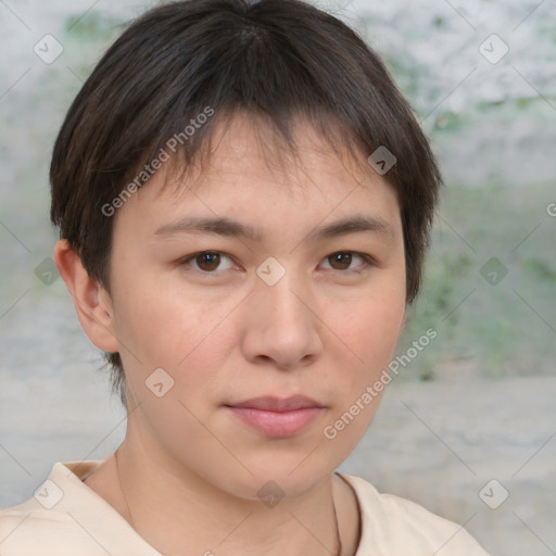 Neutral white young-adult female with medium  brown hair and brown eyes