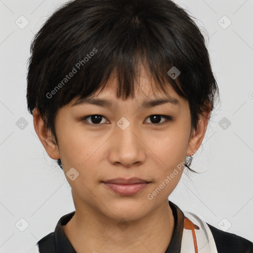 Neutral asian young-adult female with medium  brown hair and brown eyes