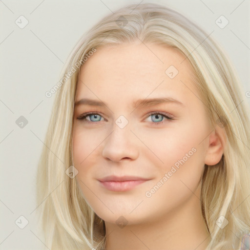 Neutral white young-adult female with long  brown hair and blue eyes