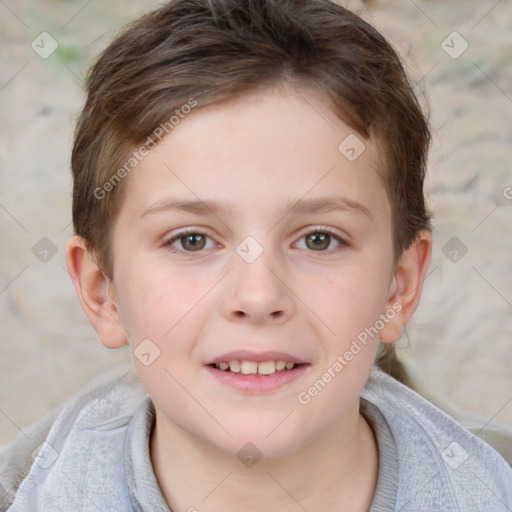 Joyful white child female with short  brown hair and brown eyes